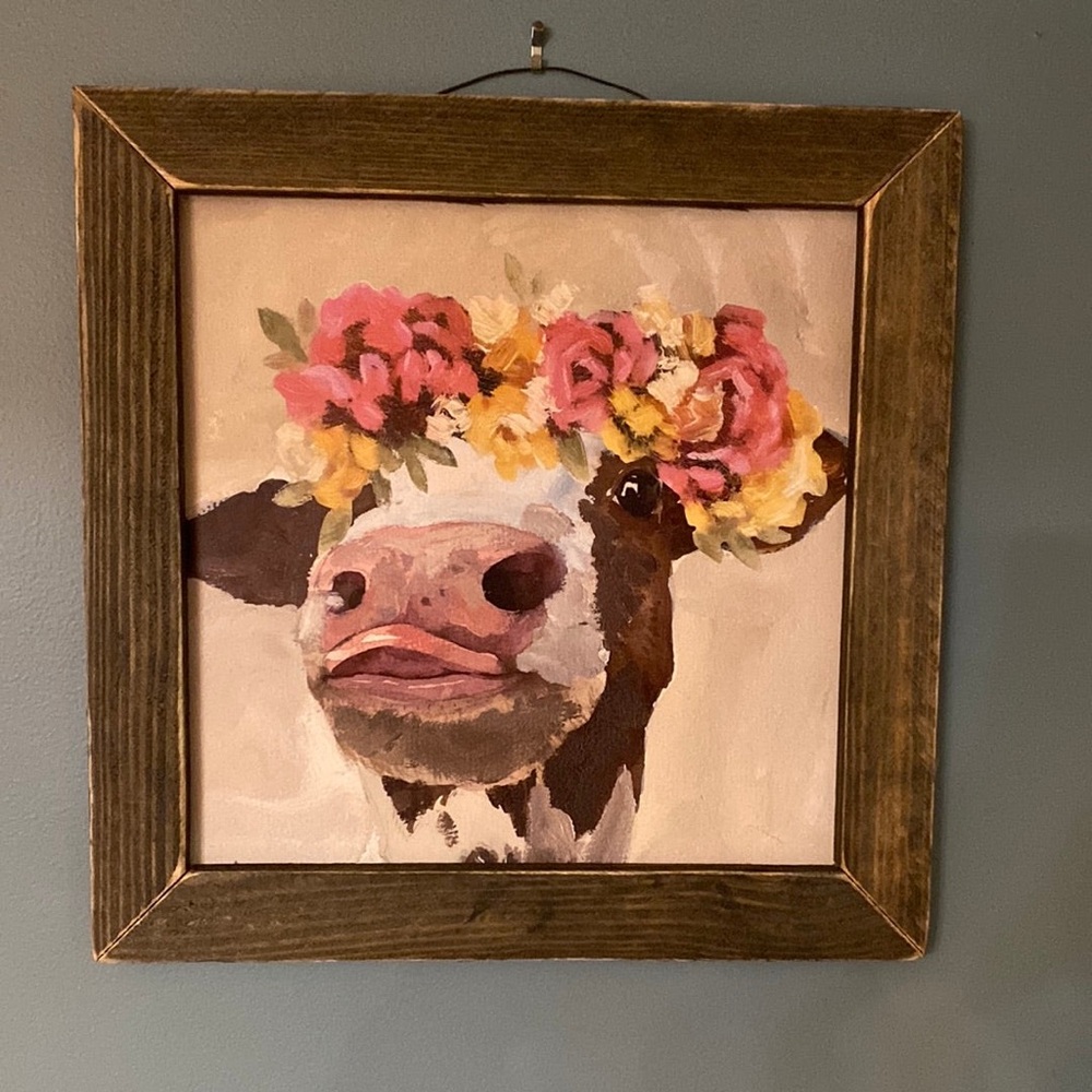 Rustic Framed Cow Art with Floral Crown